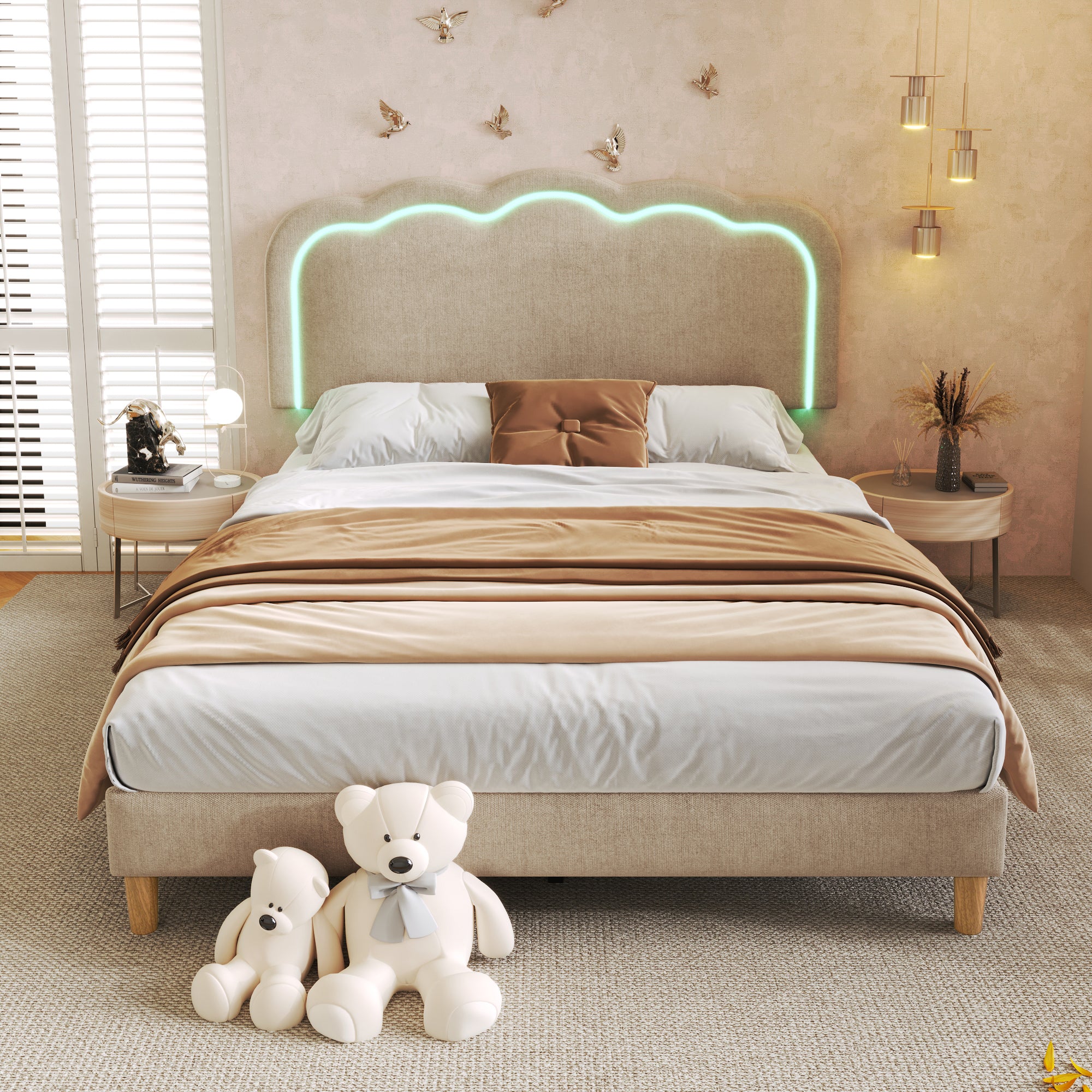 Upholstered Bed LED Double Bed 140 X 200cm, Bed Frame With Slatted Base And Adjustable Headboard, Upholstered Bed In Beige, Bed Frame Youth Bed For Bedroom Guest Room Linen Material