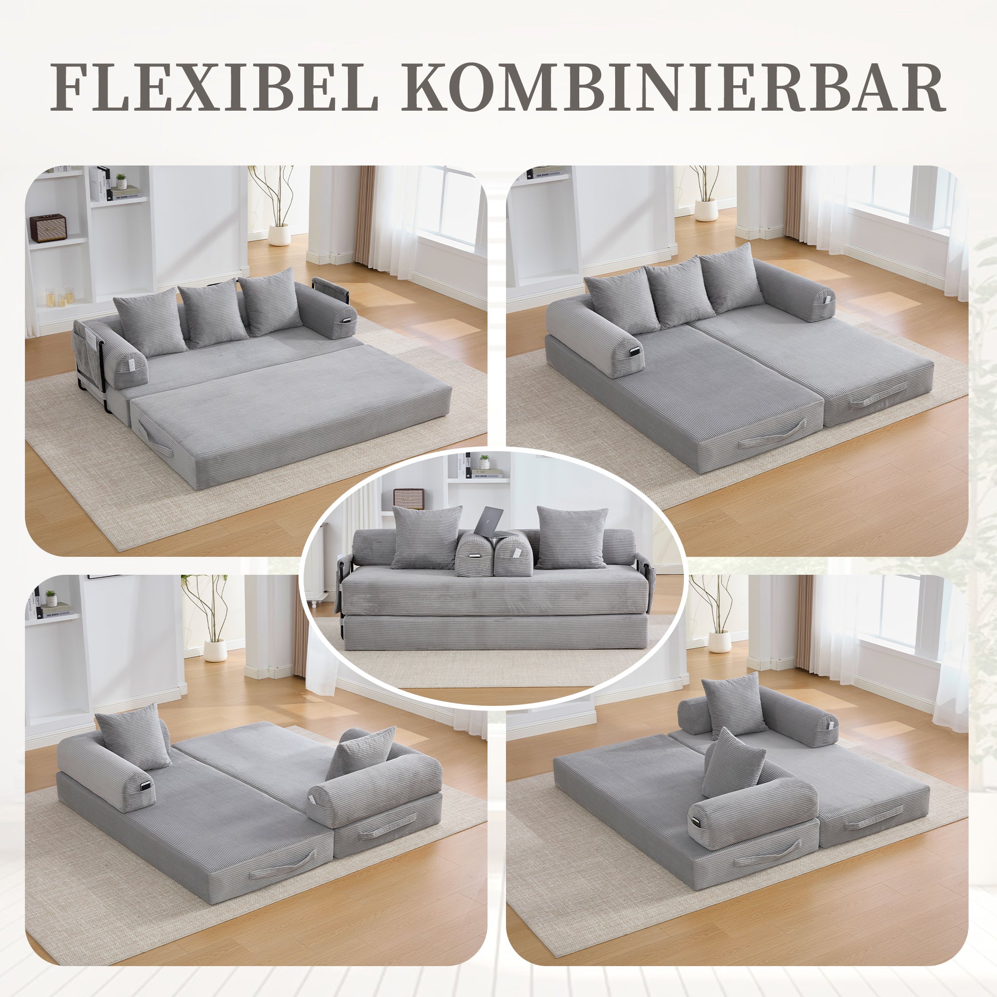 Folding Compression Sofa With Robust Metal Frame, Side Pockets Plus 3 Pillows. Individual Lounge Landscapes Freely Configurable. Modern Metal Fabric Combi - Ideal For Living Room. Light Grey