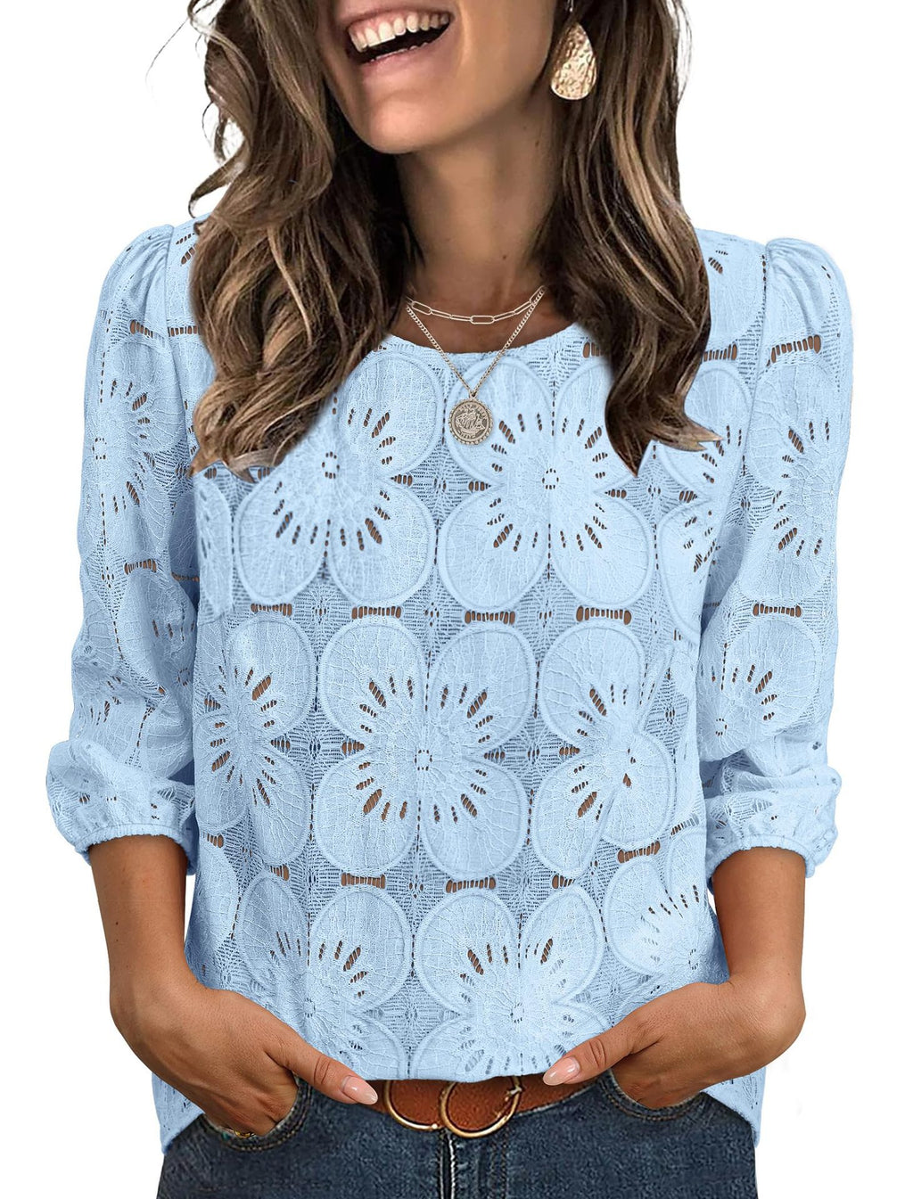Womens Solid-color Casual Hollow-out Lace Three-quarter-sleeve Crew-neck Top