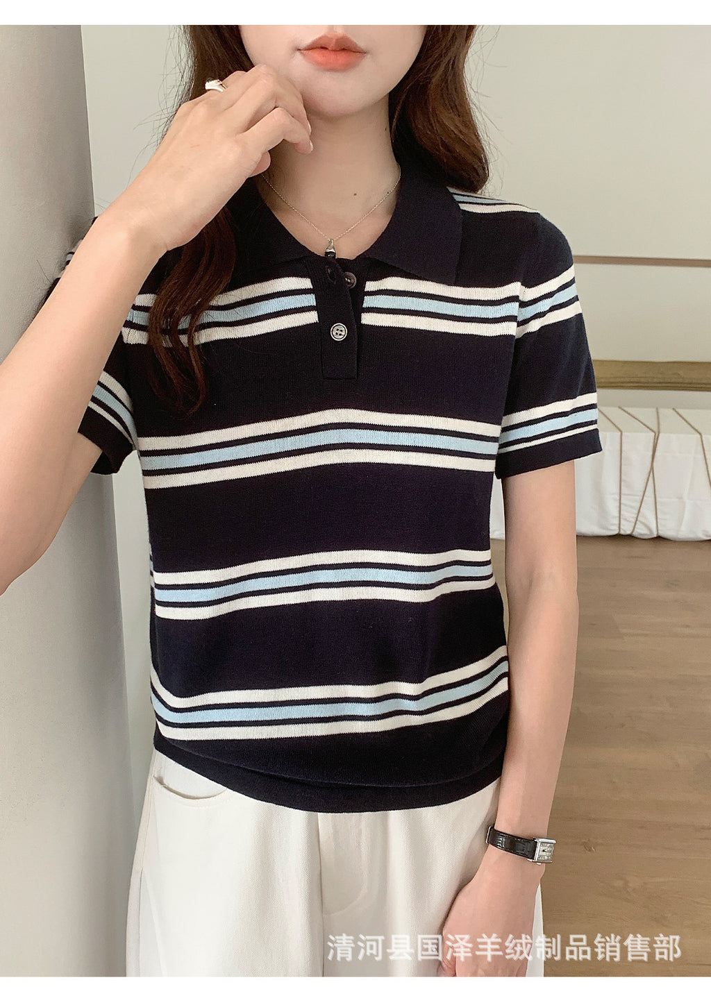 SpringSummer American-Style Retro Color-Block Striped Polo Shirt