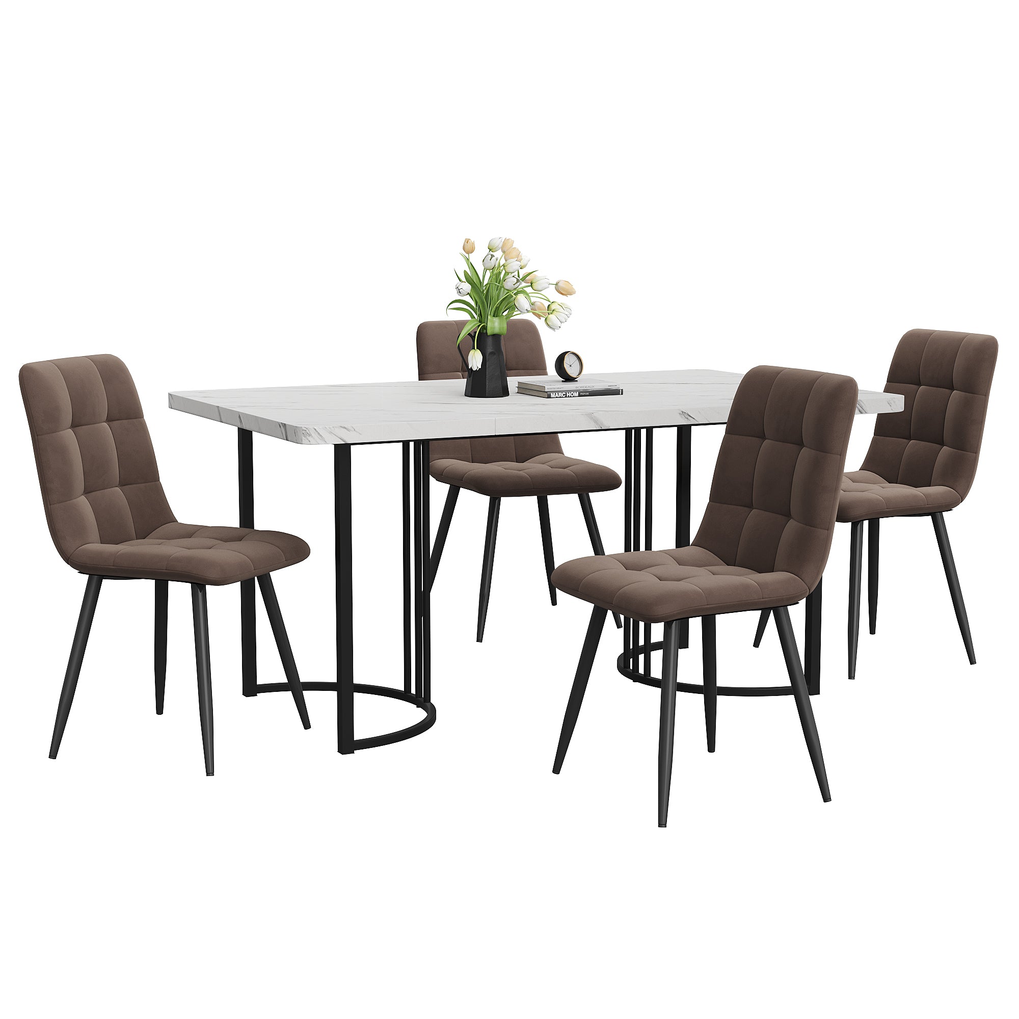 5-Piece Dining Set Dining Table With 4 Chairs  Modern Kitchen Table Set 140 X 80 CmFeaturing Black Metal Legs And White MDF Tabletop, Plus Brown Velvet Dining Chairs