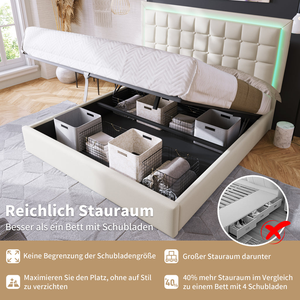 Upholstered Bed With Slatted Frame And Storage Space Double Bed Incl. LED Lighting Strip Bed Frame 140x200cm, Storage Bed Functional Bed Cover Made Of Imitation Leather White