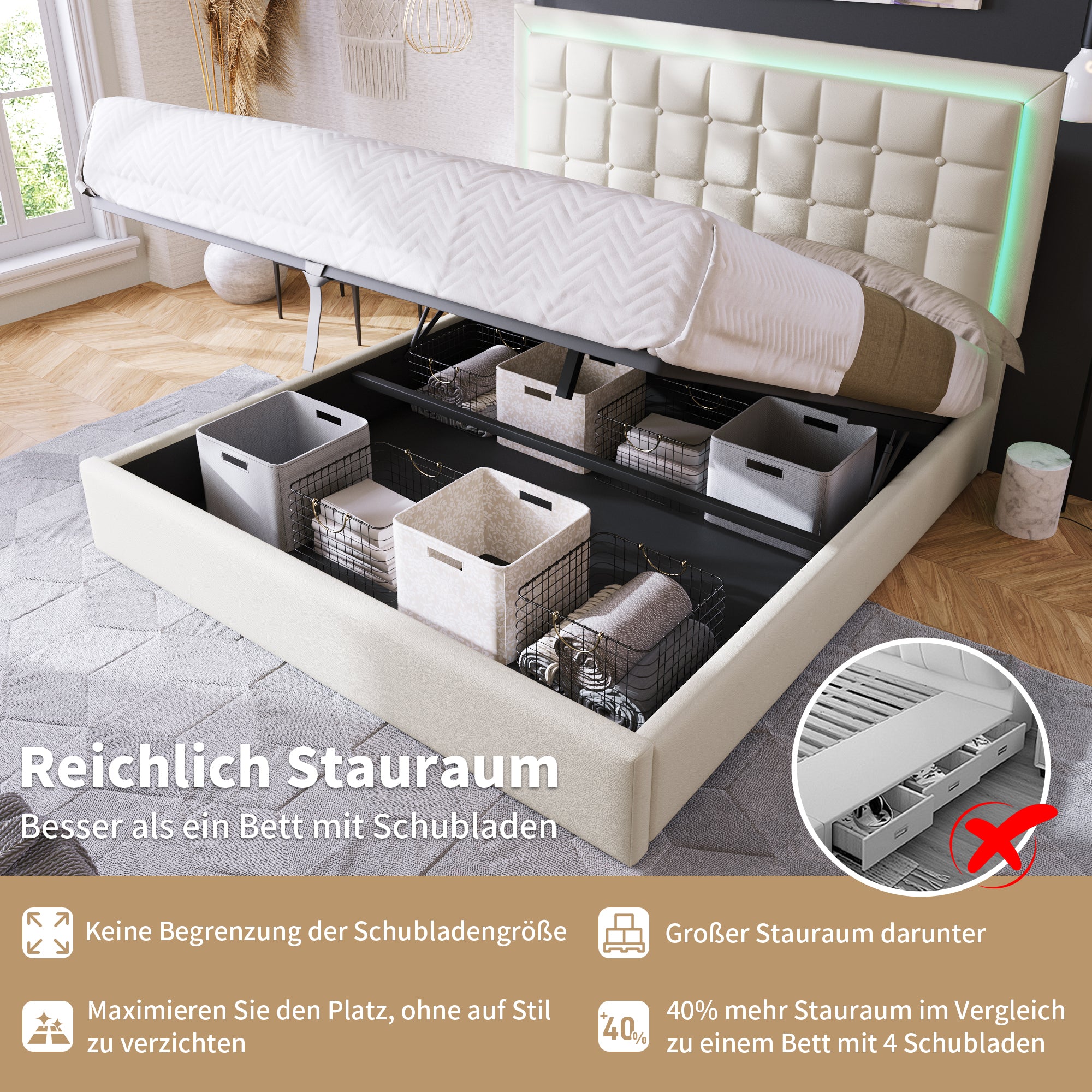 Upholstered Bed With Slatted Frame And Storage Space Double Bed Incl. LED Lighting Strip Bed Frame 140x200cm, Storage Bed Functional Bed Cover Made Of Imitation Leather White