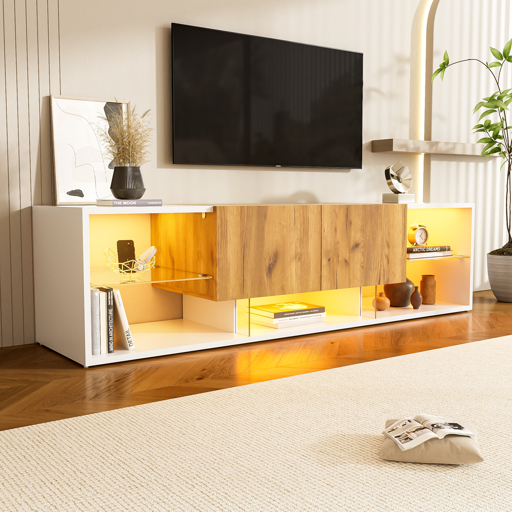 3 Tier TV Console Cabinet For TVs Up To 70, Modern TV Console Entertainment Center With Glass Top Storage Platform And 2 Drawers, TV Stand, Suitable For Living Room, Bedroom, White