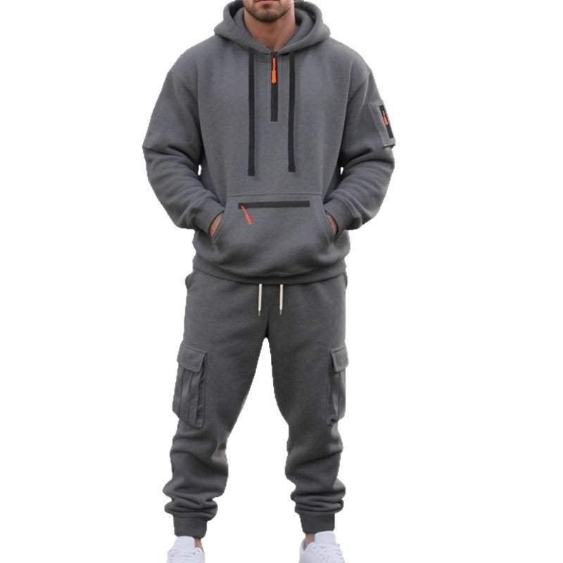 Men's Fashion Casual Multi-Pocket Sweatshirt & Cargo Pants Tracksuit Outfit Set
