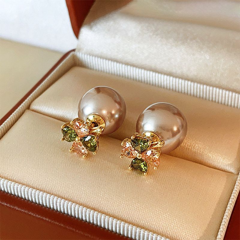 Japanese  Style Pearl Stud Earrings For Women, Four-Leaf Clover Zircon Accent Earrings, Sweet Girly Vitality Dainty Ear Jewelry