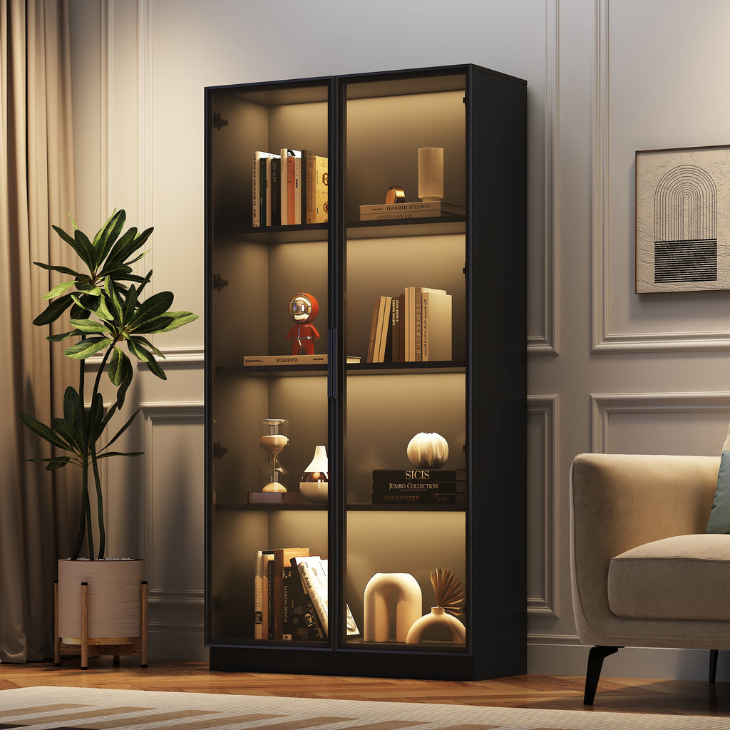 Glass Display Case With APP LED Lighting, Double Door Display Case With Movable Shelves, 80X40X160cm, Tall Cabinet For Living Room, Stand Display Cabinet, Bathroom Cabinet