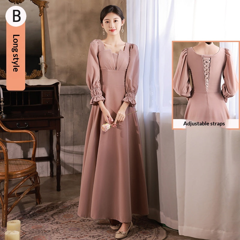 Long-sleeved Velvet Sister-crew Evening Dress For Women