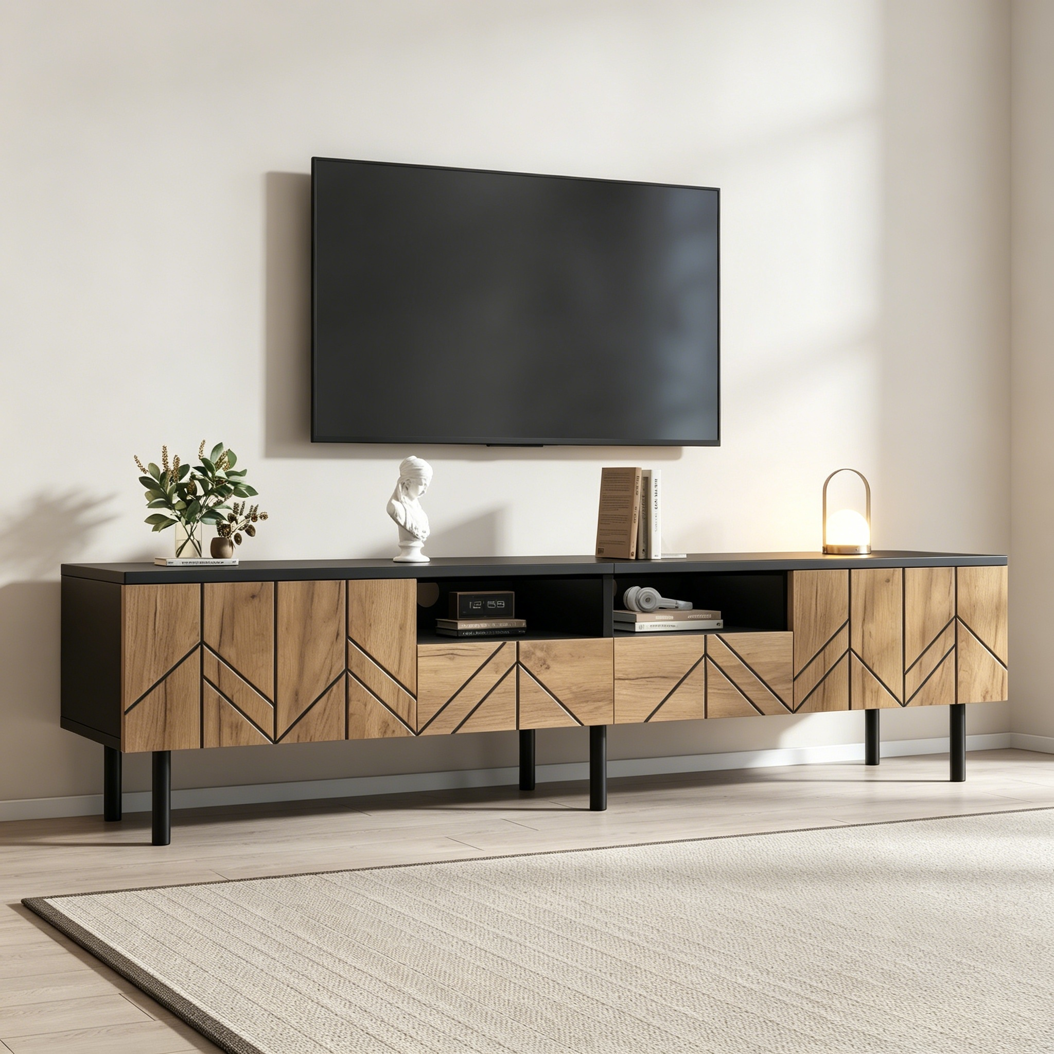 TV Cabinet 180x40x45 Cm With Drawers & Doors, Modern Lowboard Made Of Chipboard, TV Stand For Living Room, Load Capacity Up To 75kg, Black-wood Look