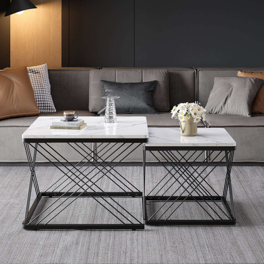Stylish 2-piece Coffee Table Set, Square Tables In 60x60x45cm & 45X45X40cm, High-gloss Marble Look, Height-adjustable Feet, Loadable Up To 30kg, High-gloss Combi Coffee Table