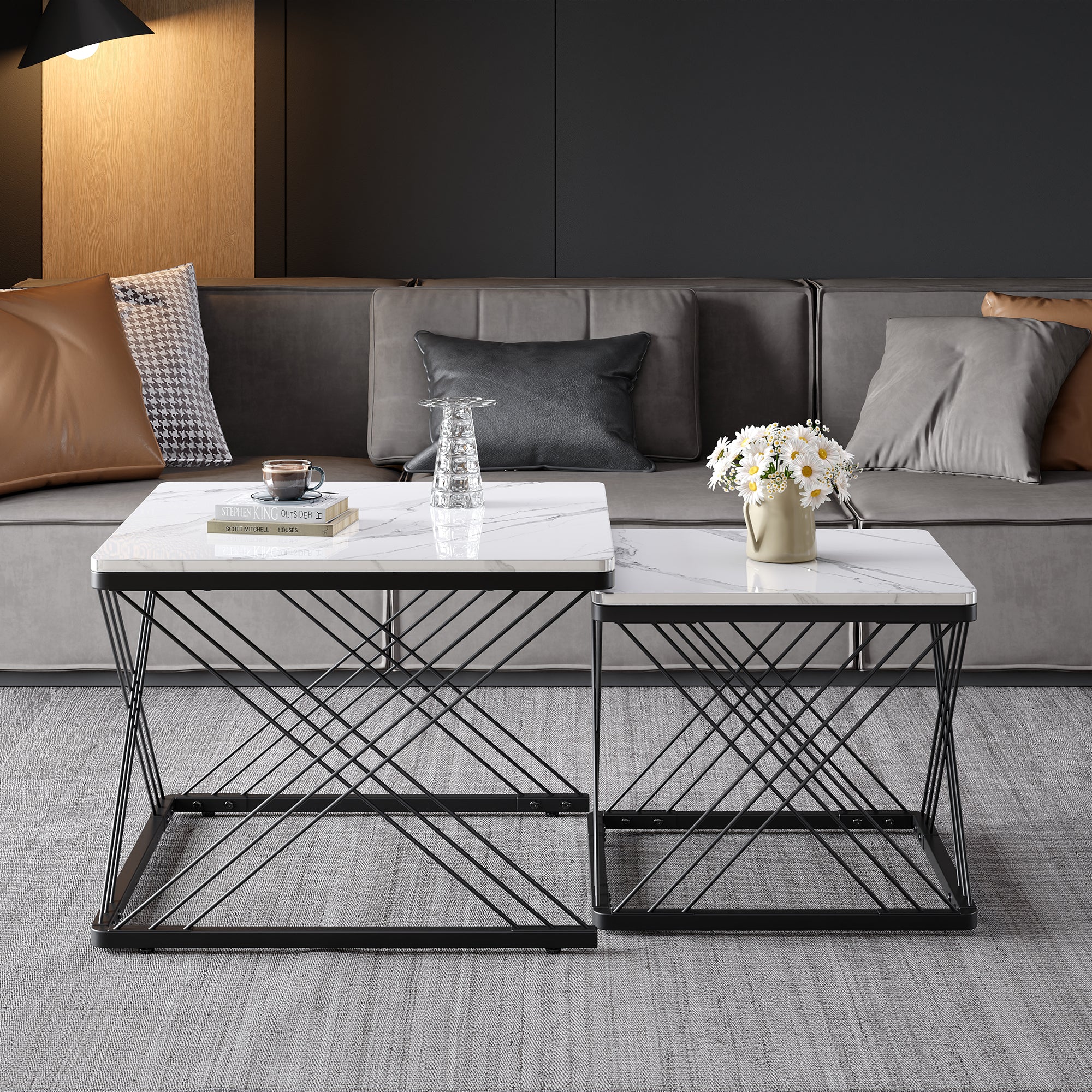 Stylish 2-piece Coffee Table Set, Square Tables In 60x60x45cm & 45X45X40cm, High-gloss Marble Look, Height-adjustable Feet, Loadable Up To 30kg, High-gloss Combi Coffee Table