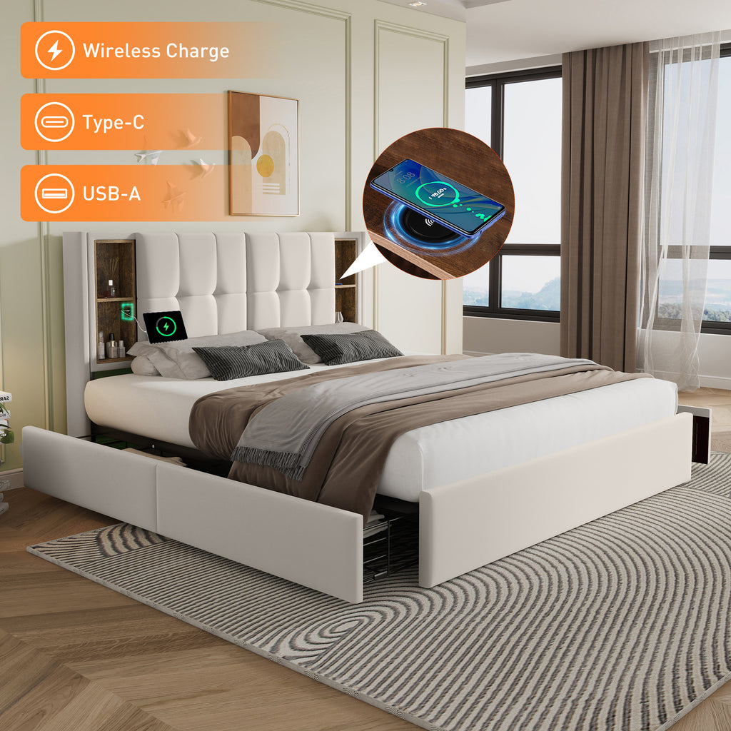 Double Bed With Wireless Charging USB C& 4 Drawers, Upholstered Bed Bed Frame 160x200cm, Slatted Base Made Of Wood-beige Velvet  Without Mattress