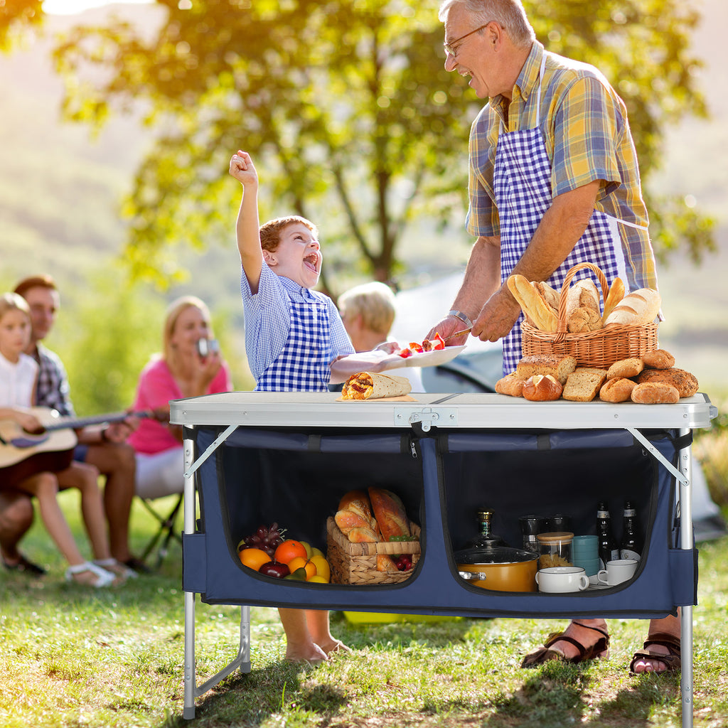 4ft Aluminum Folding Camping Table With 2 Large Storage Compartments, Portable Outdoor Picnic BBQ Buffet Serving Table