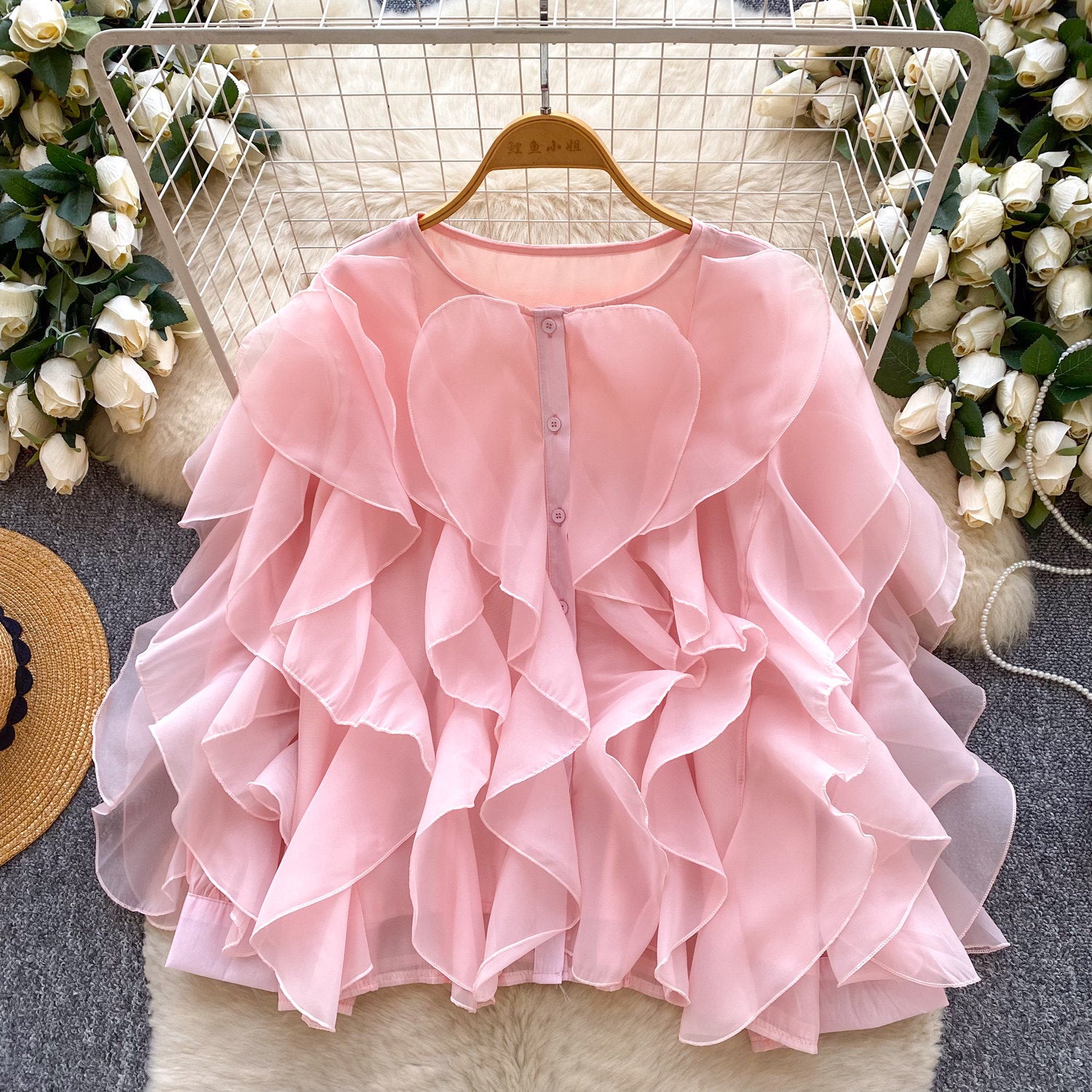 Womens Solid-color Round-neck Irregular Ruffled-edge Button-up Blouse