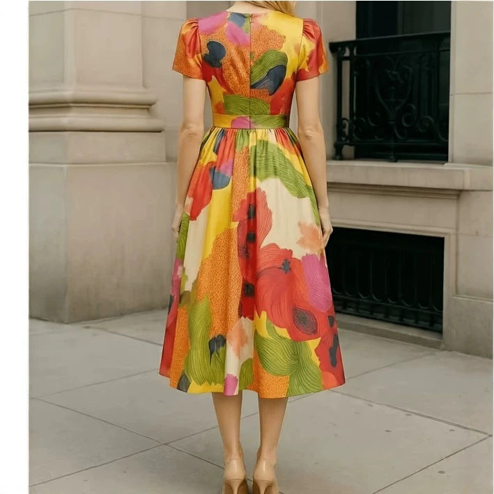 Womens Waist-cinching Puffed-sleeve Maxi Dress