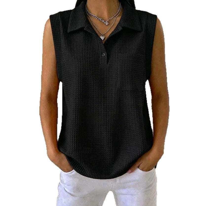 Womens Solid-color Knitted Polo-neck Sleeveless Shirt Vest