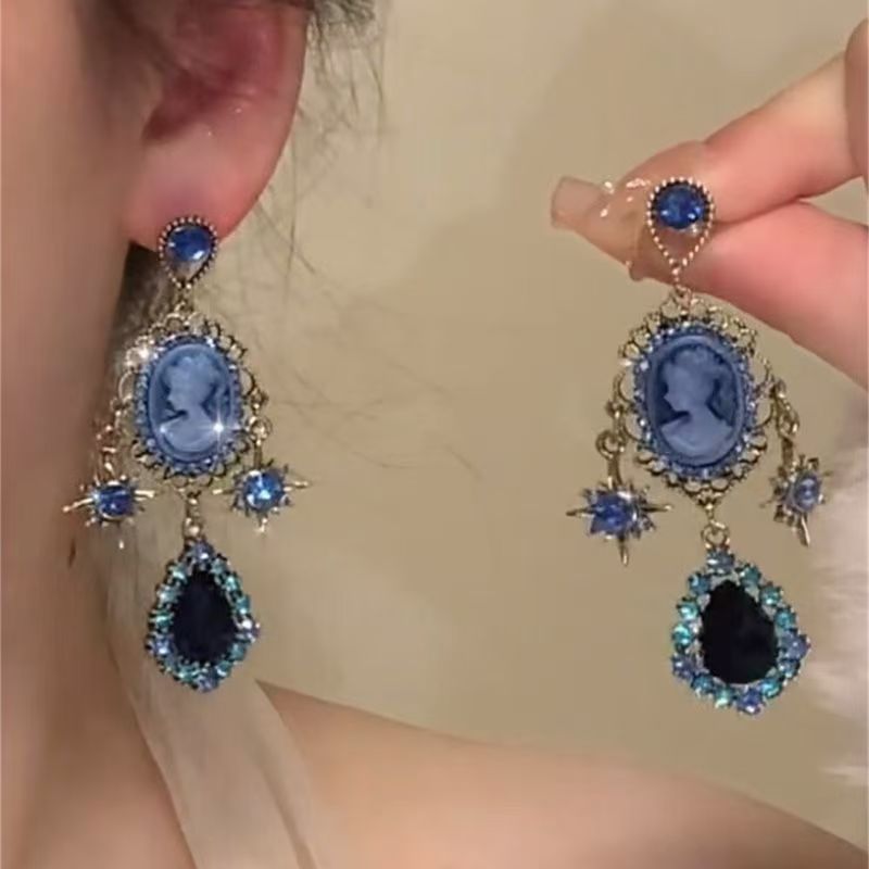 Vintage  Style Light Luxury Tassel Earrings, Exquisite Designer High-End Blue Elegant Jewelry For Noble Ladies