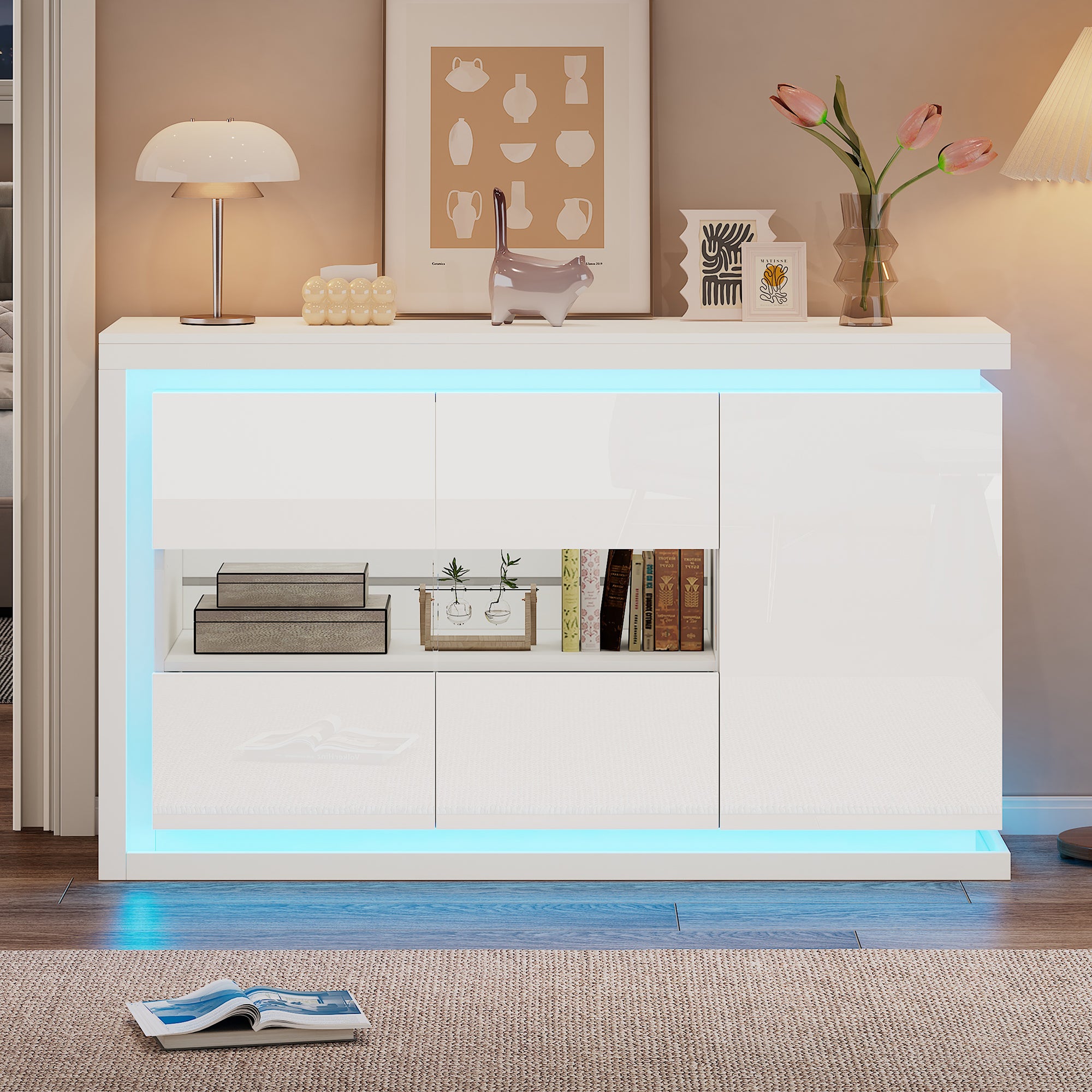 140x40x84cm Living Room Cabinet,Modern Dresser With 4 Compartments, Width 140cm,Side Cabinet With LED Light Strip,High Gloss Sideboard With Tempered Glass Doors,Suitable For Hallways, Living Room, Off