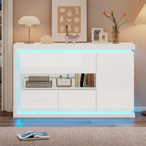 140x40x84cm Living Room Cabinet,Modern Dresser With 4 Compartments, Width 140cm,Side Cabinet With LED Light Strip,High Gloss Sideboard With Tempered Glass Doors,Suitable For Hallways, Living Room, Off
