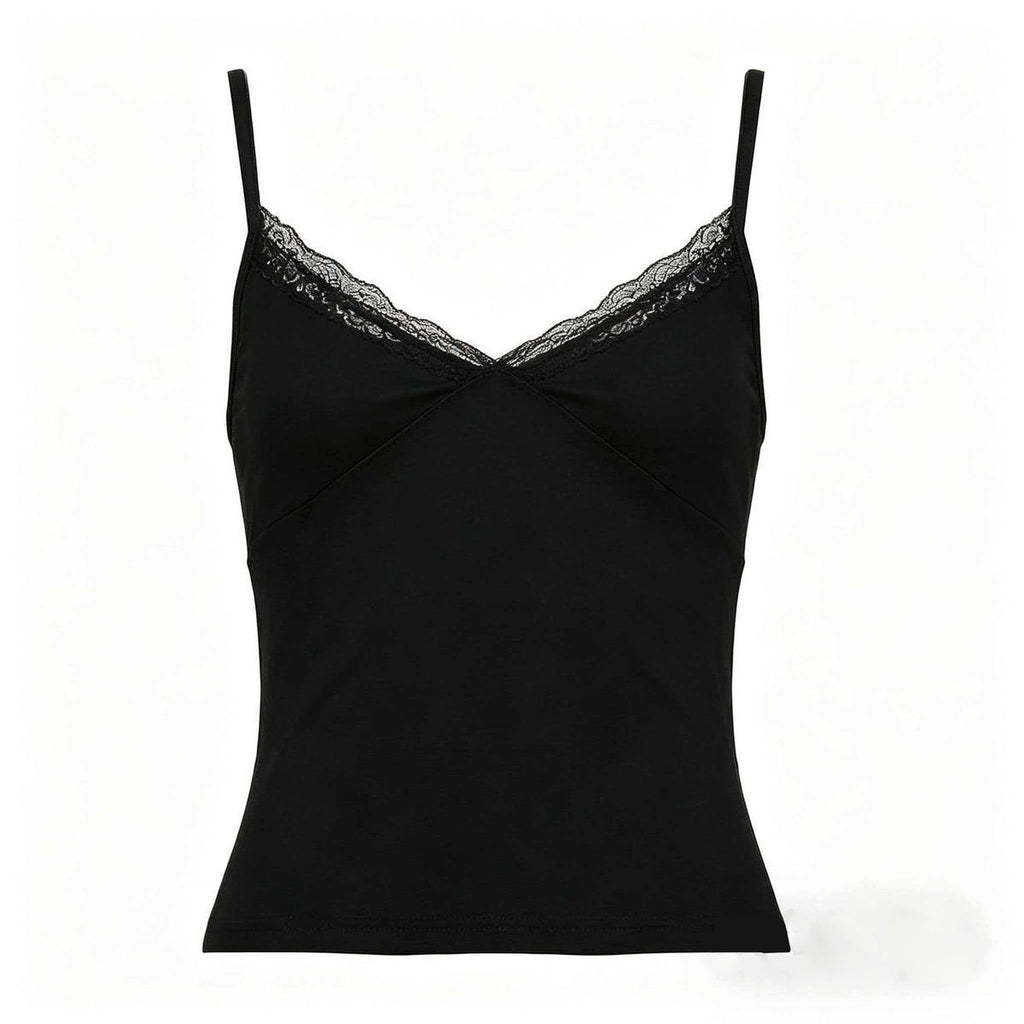 Simple Lace-trimmed V-neck Strap Solid-color Outerwear Short Top For Women