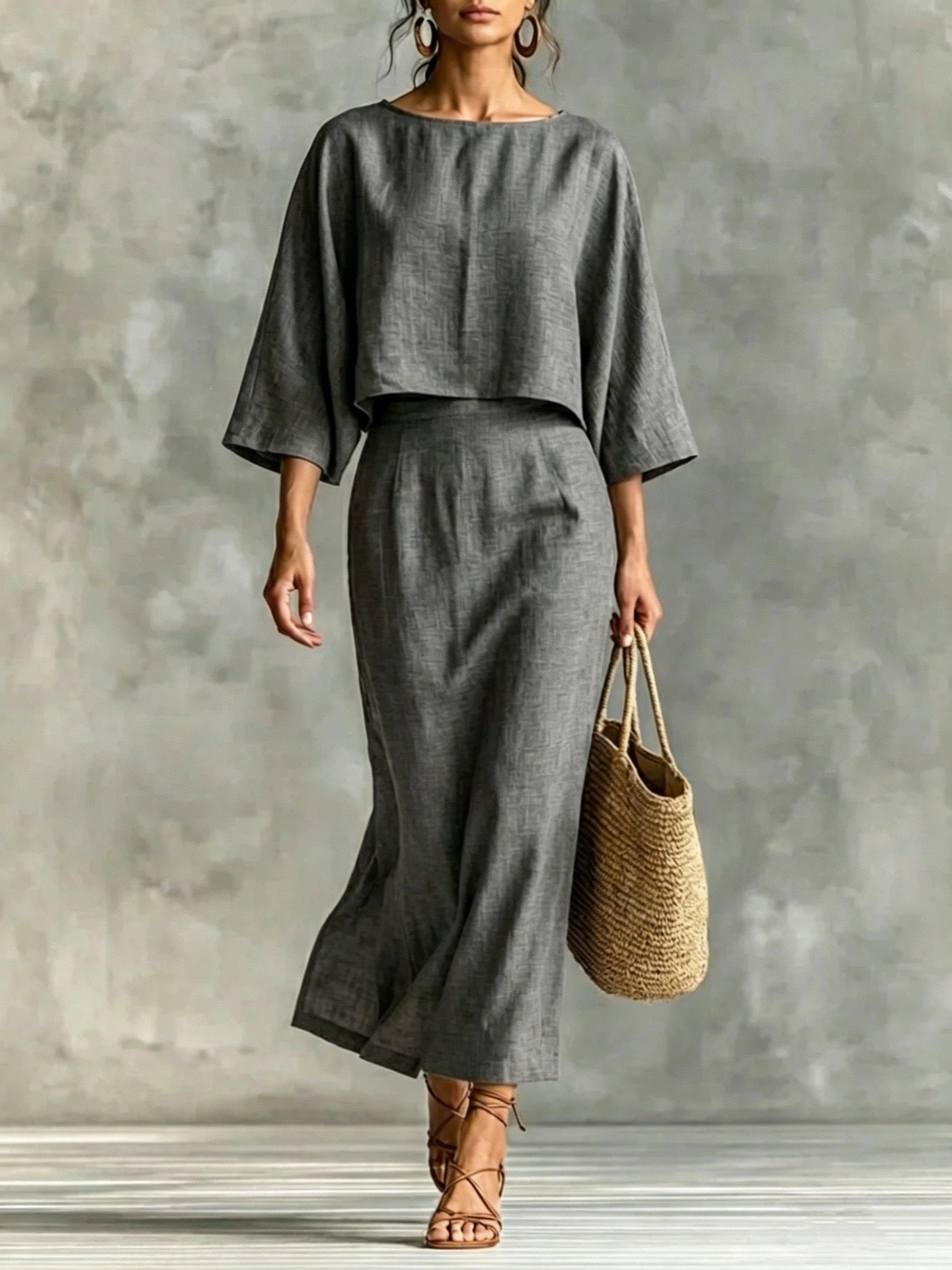 High Waisted Long Skirt Set With A Round Neck Three Quarter Sleeved Loose Fitting Womens Top