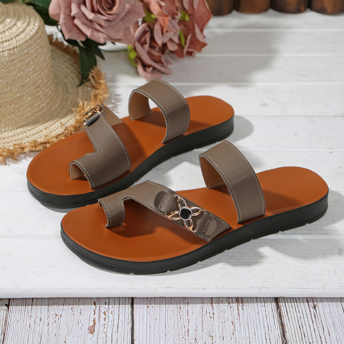 Womens Large-size Flat Mule Sandals With Round Toes