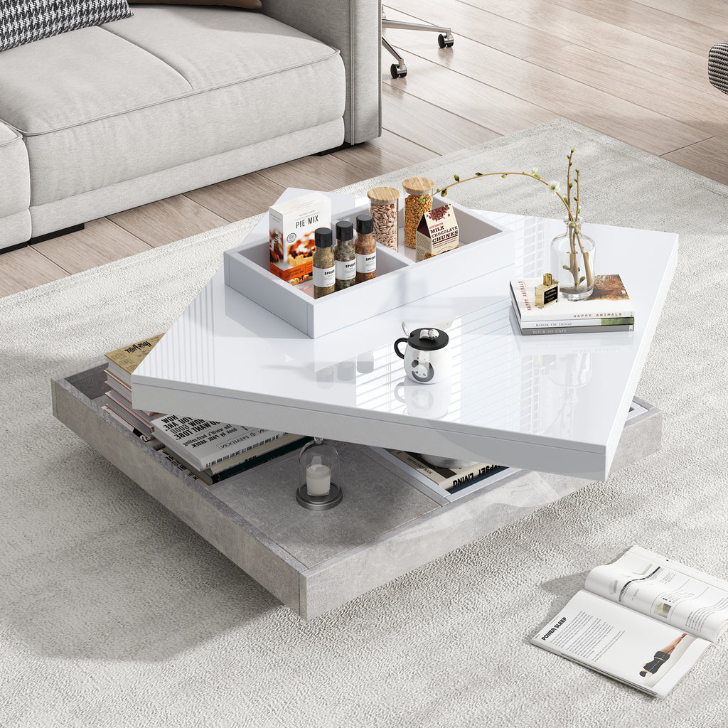 Functional Double Coffee Table With High-gloss Top Table Top Can Be Rotated 360 , Double Swivel Top With Storage Compartment, Living Room Table Top In White, Marble-coloured Chipboard