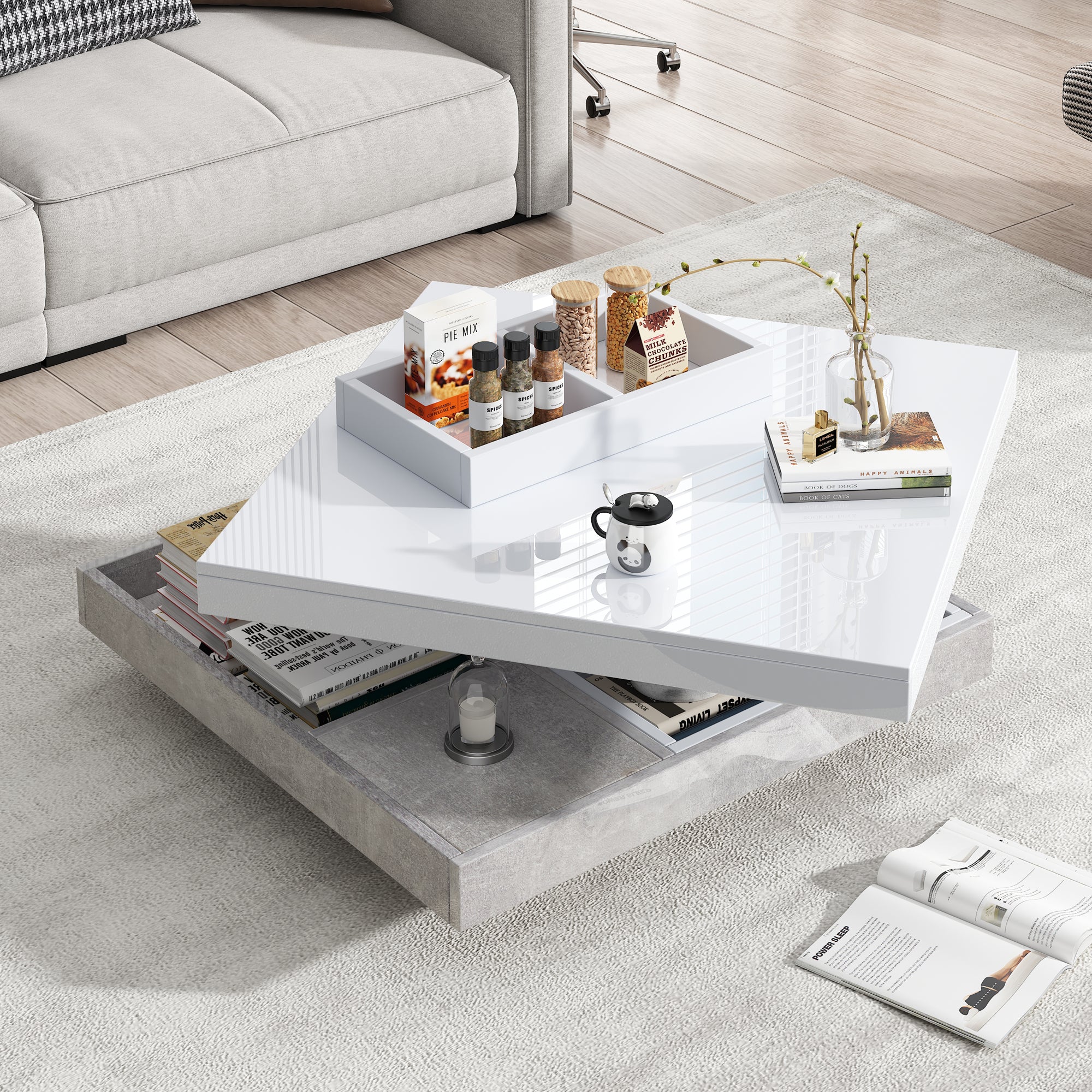 Functional Double Coffee Table With High-gloss Top Table Top Can Be Rotated 360 , Double Swivel Top With Storage Compartment, Living Room Table Top In White, Marble-coloured Chipboard
