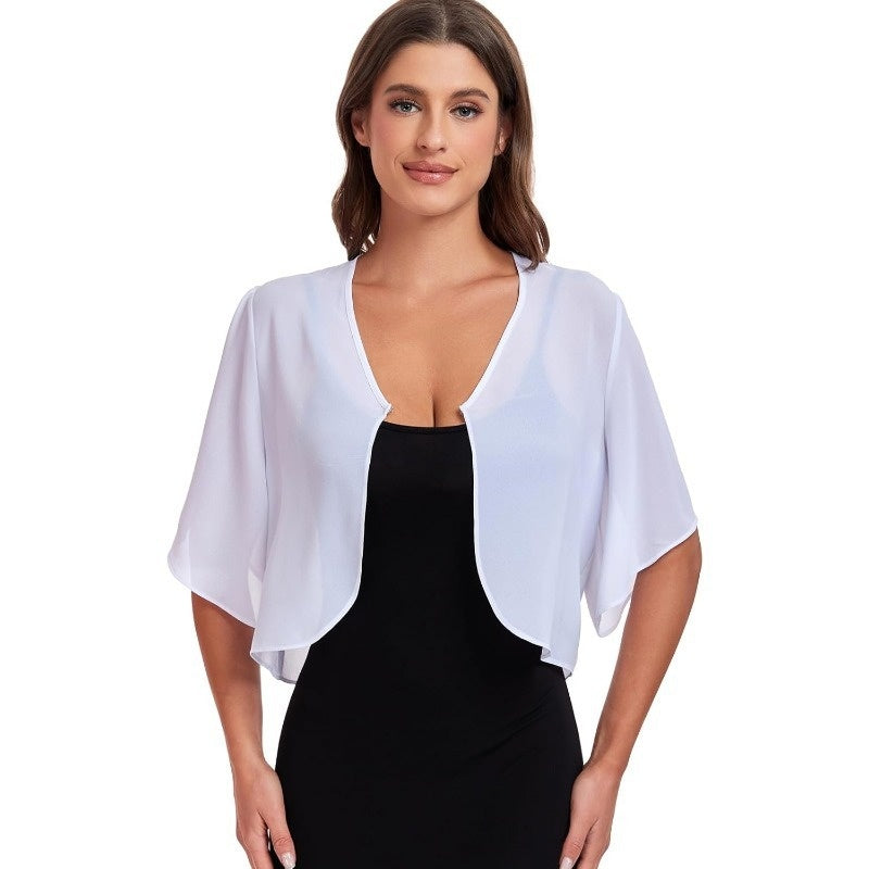 New Womens Chiffon Top Solid Color Short Sleeves Open-front Lightweight