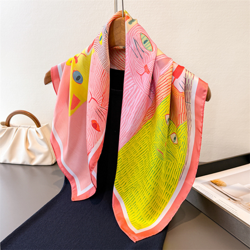 Cartoon-printed Cat Small Square Scarf With Silk Satin Surface. Cute Animal Print Decorative Headscarf. Fashionable And Versatile