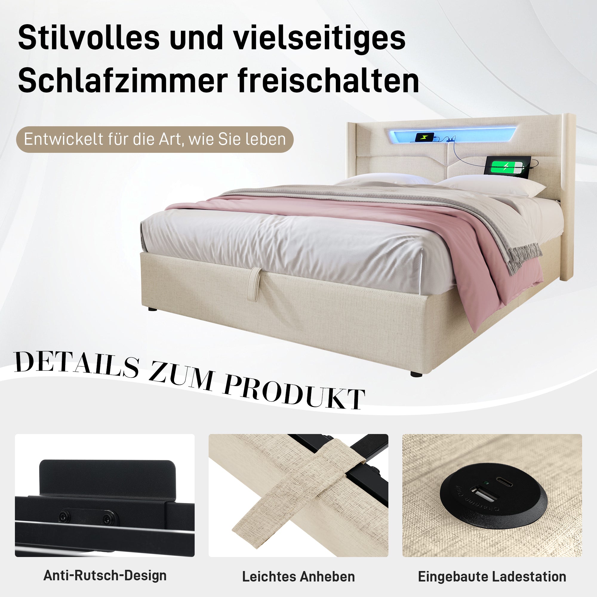 Upholstered Bed LED Double Bed With USB Type C Charging Function And LED Lighting,Storage Beds Bed Frame Made Of Linen Material Youth Bed 160x200 With Slatted Base  Without Mattress