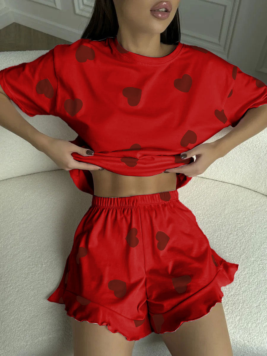 Heart-print Short-sleeve Pajama Set With Shorts