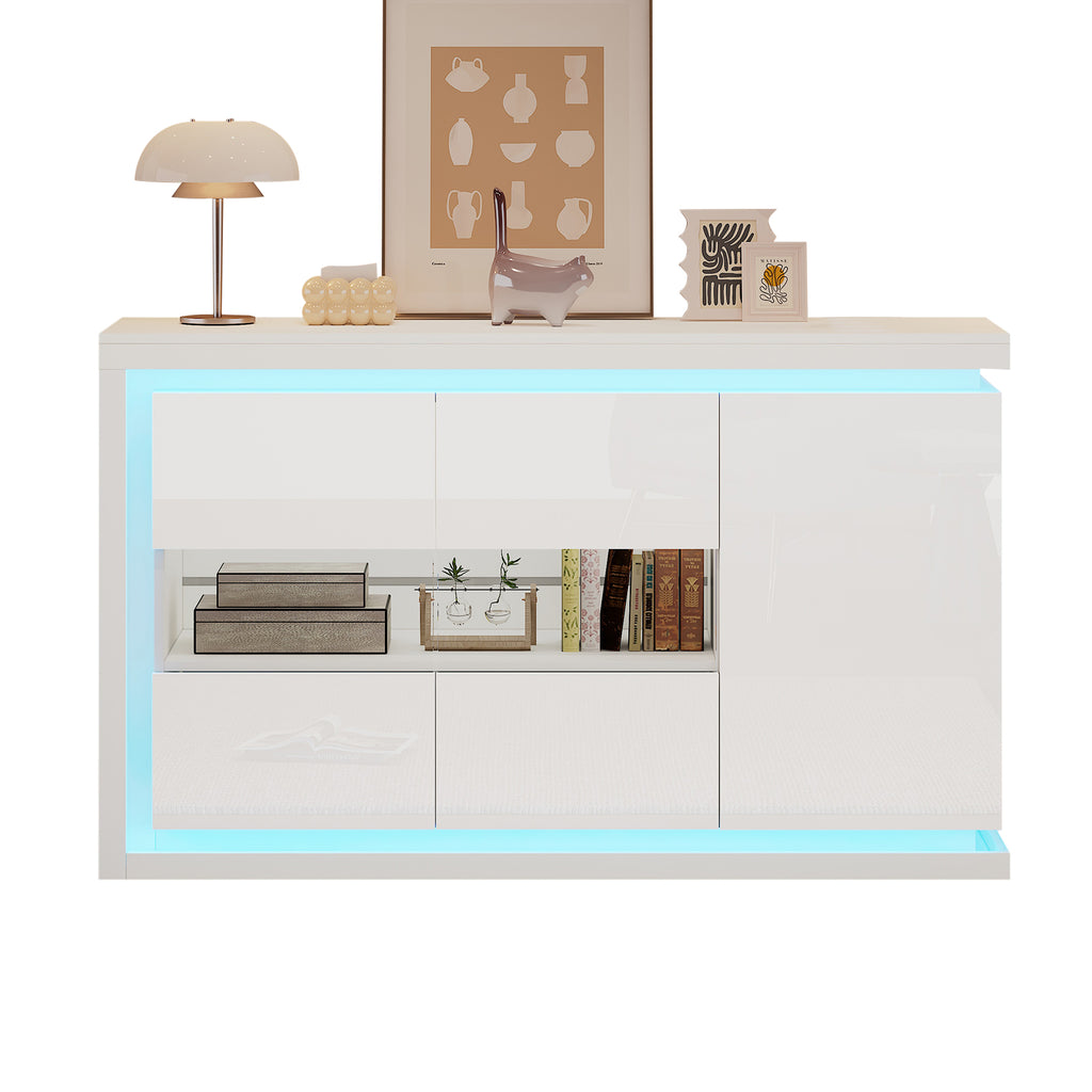140x40x84cm Living Room Cabinet,Modern Dresser With 4 Compartments, Width 140cm,Side Cabinet With LED Light Strip,High Gloss Sideboard With Tempered Glass Doors,Suitable For Hallways, Living Room, Off