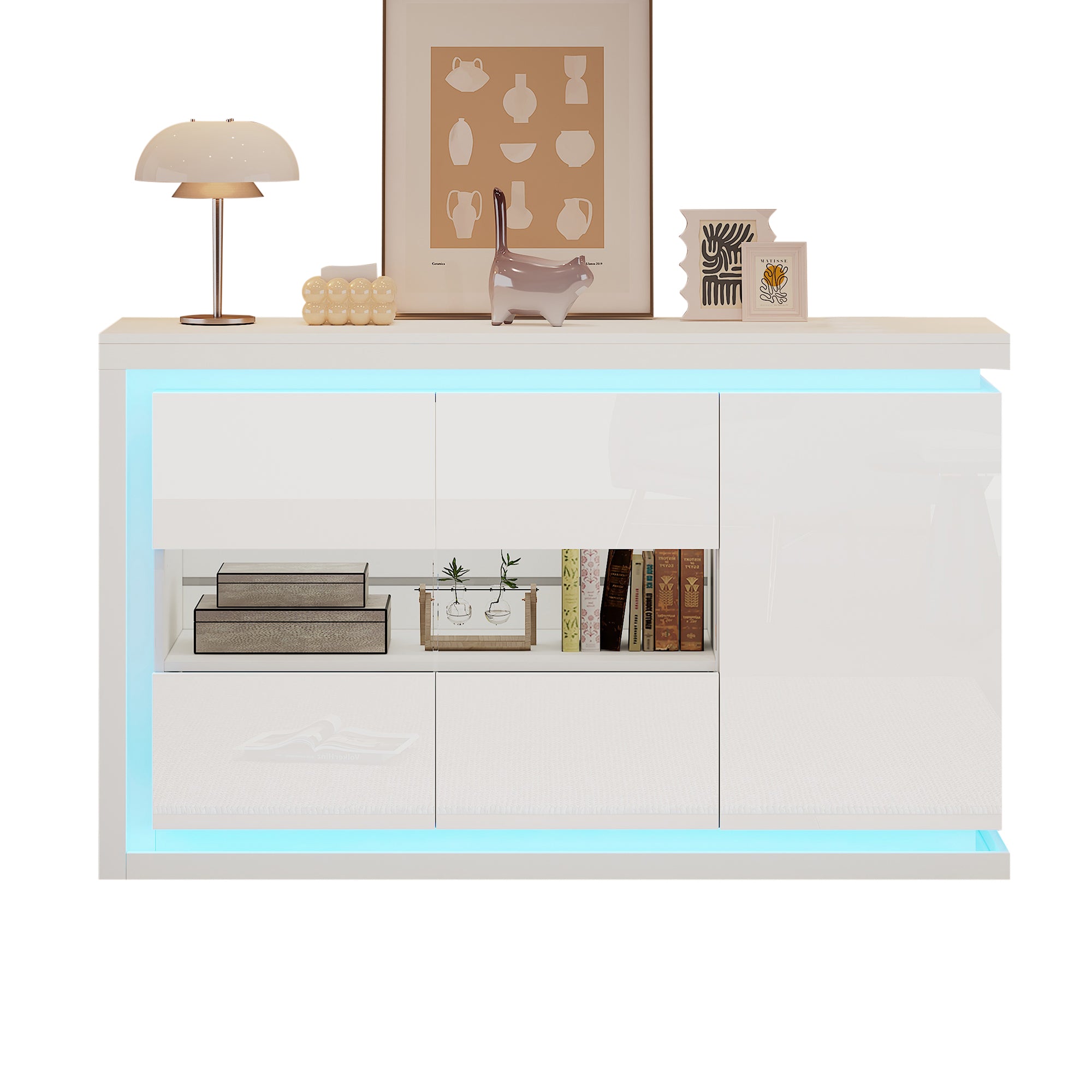 140x40x84cm Living Room Cabinet,Modern Dresser With 4 Compartments, Width 140cm,Side Cabinet With LED Light Strip,High Gloss Sideboard With Tempered Glass Doors,Suitable For Hallways, Living Room, Off