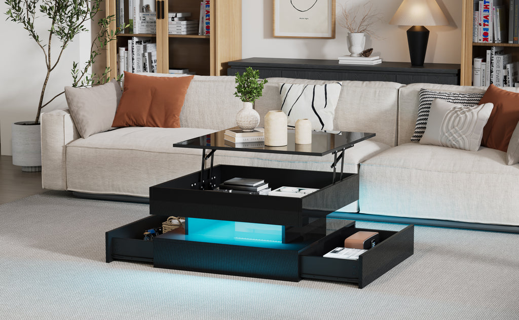 65 X 65 X 38.5 Cm Liftable Living Room Table,Side Table,High Gloss Coffee Table With LED Light Strip, Sofa Table With 2 Drawers, Coffee Table With Geometric Design And Hidden Storage,Black