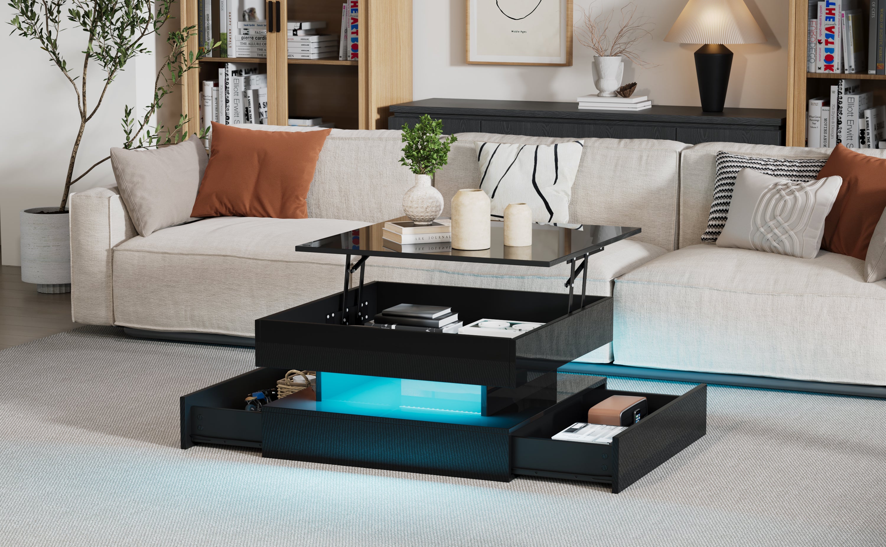 65 X 65 X 38.5 Cm Liftable Living Room Table,Side Table,High Gloss Coffee Table With LED Light Strip, Sofa Table With 2 Drawers, Coffee Table With Geometric Design And Hidden Storage,Black