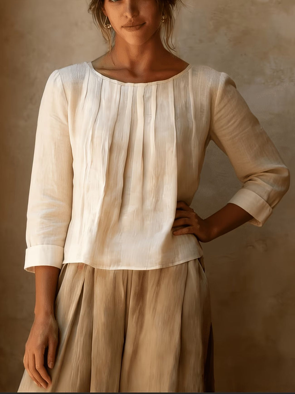Womens Cotton-linen Top Loose-fit Round-neck Shirt