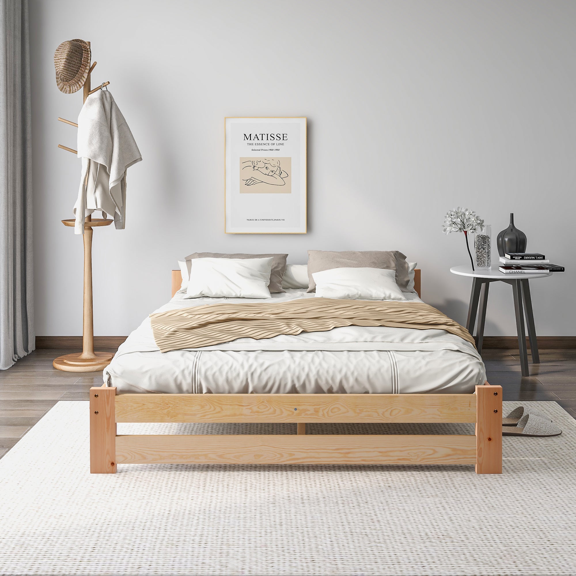 Solid Solid Wood Bed Futon Bed Made Of Natural Wood With Headboard And Slatted Frame, Natural 200x140cm