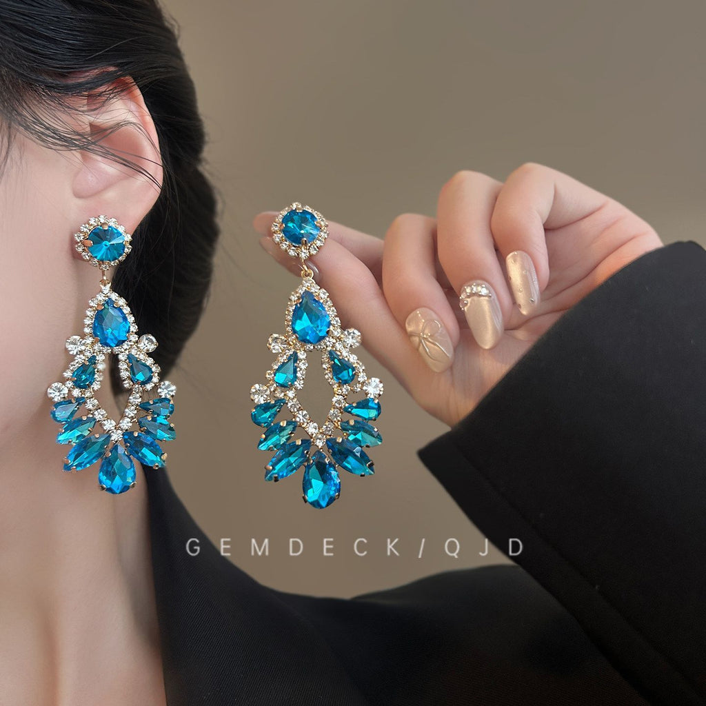 Cold Moon Noble Lady Style Sparkling Full Blue Teardrop Earrings, Exquisite French Retro Dinner Party Skin-Flattering Elegant Stud Jewelry For Women