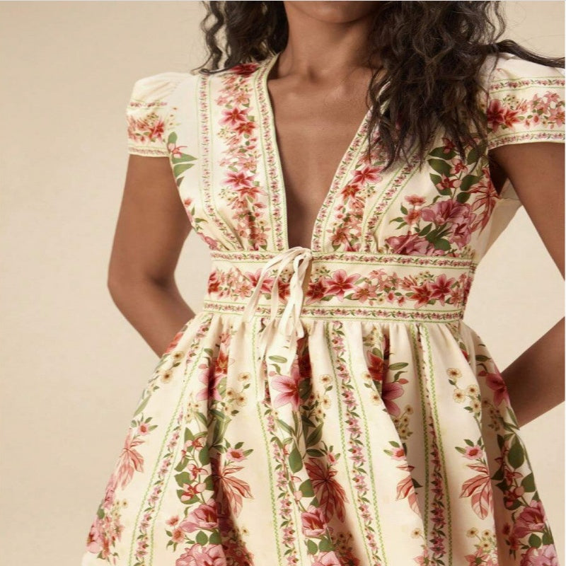 Bohemian-style Vacation Casual V-neck Lace-up Floral Slimming Dress For Women