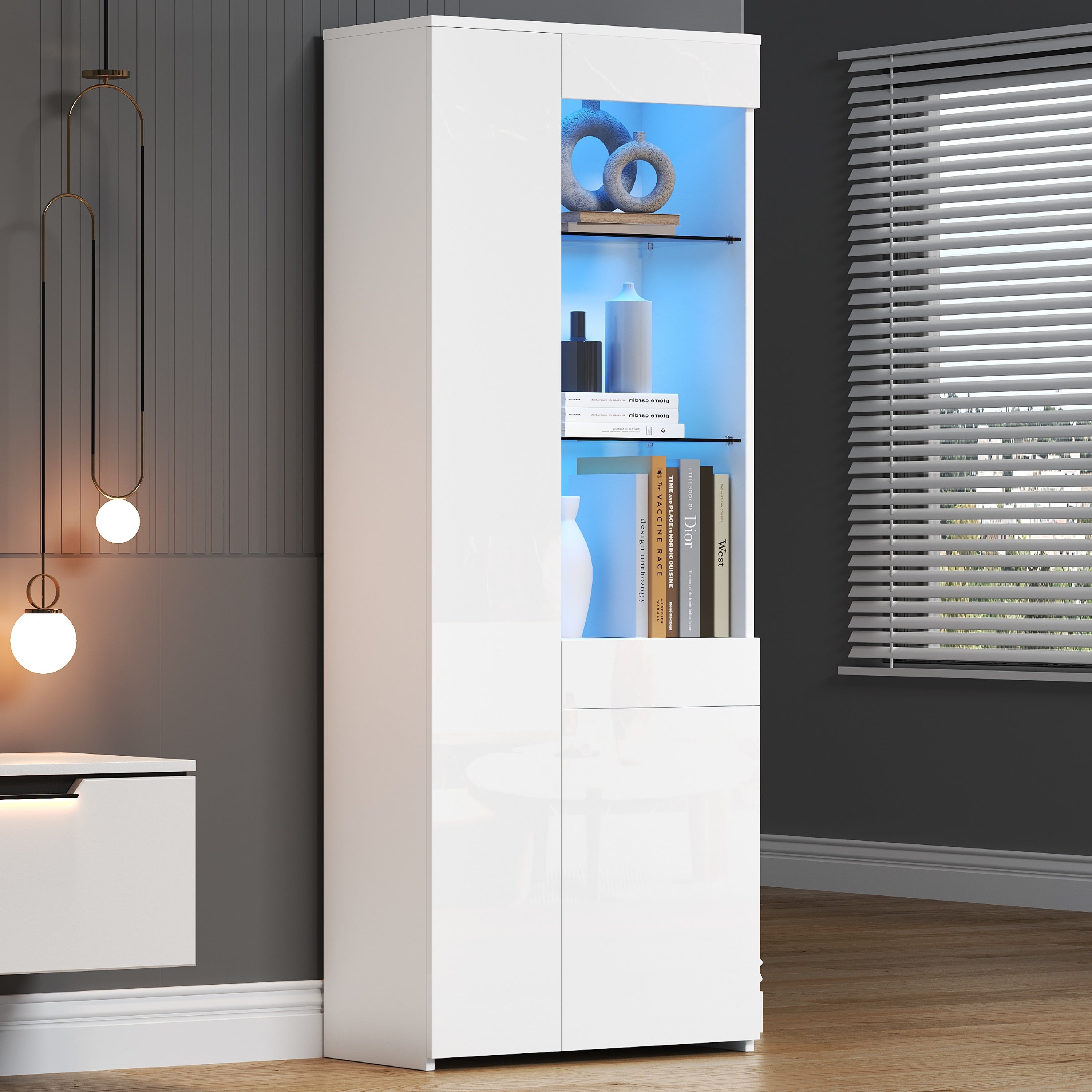 70x35x180cm Display Cabinet With Drawers, Display Case High Gloss, Glass Display Case With LED Lighting, Tall Cabinet, Highboard With Cabinet, Standing Display Case, Partition Wall Storage,