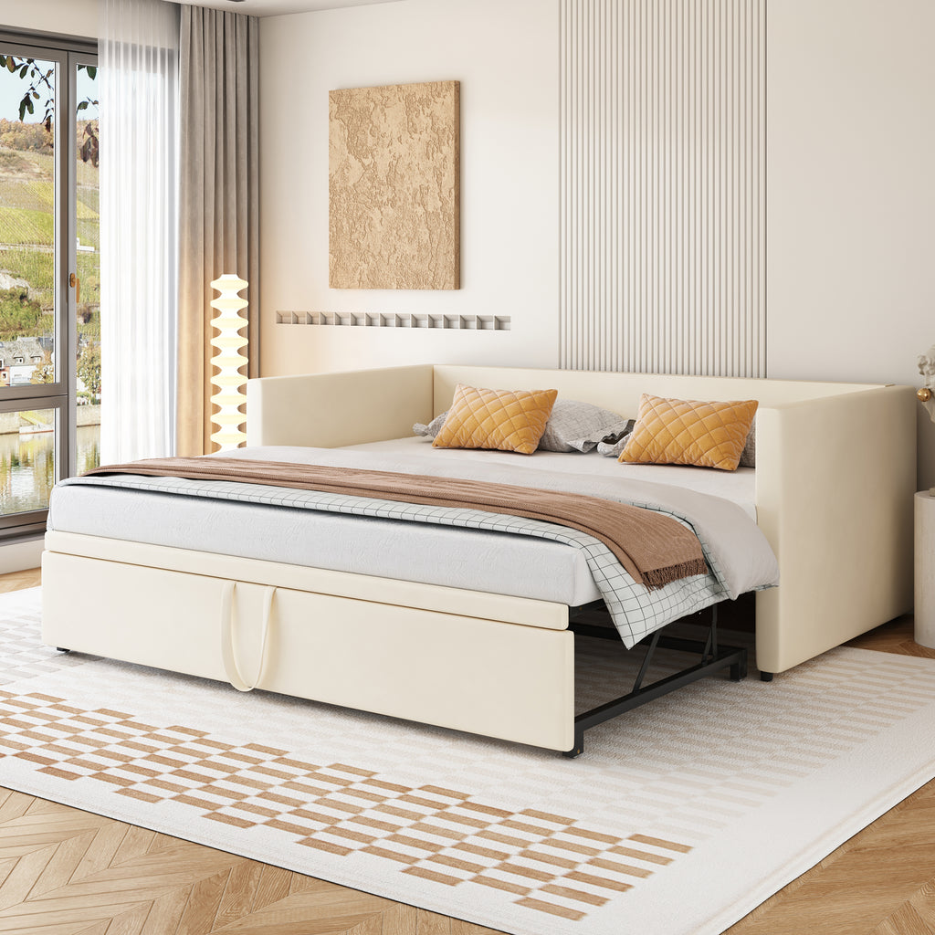 Upholstered Bed Pull-Out Sofa Bed 90 180X200 Cm With Slatted Frames, Multifunction Bed Made Of Skin-Friendly Velvet Fabric Beige