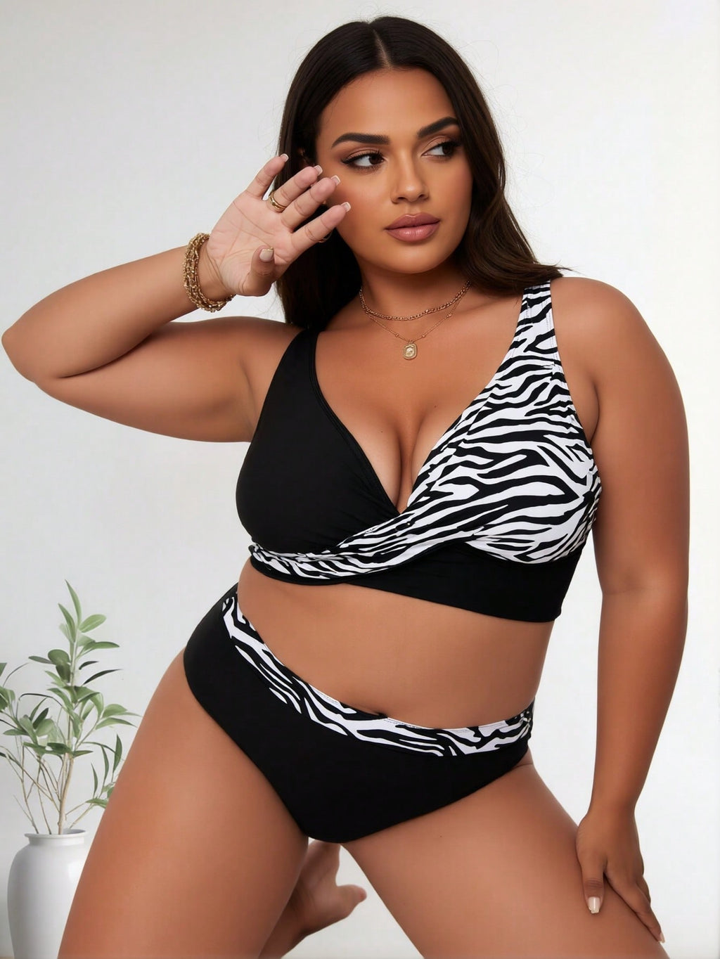 2026 New Women's Plus Size Two-Piece Swimsuit: Black & White Zebra Print Wrap Bikini Top, High-Waist Black Bottoms With Zebra Trim, V-Neck, Ruched Design