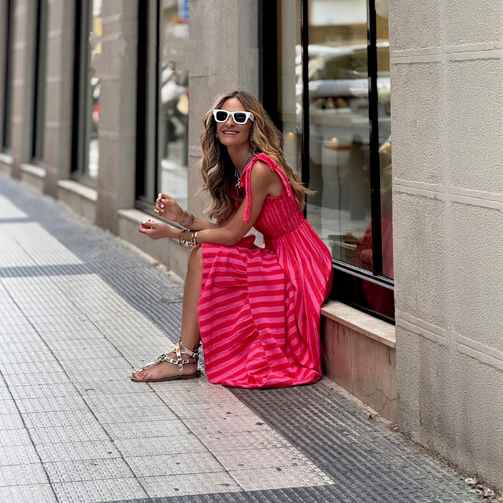 Womens Striped Printed Lace-Up Waist-Cinching Dress