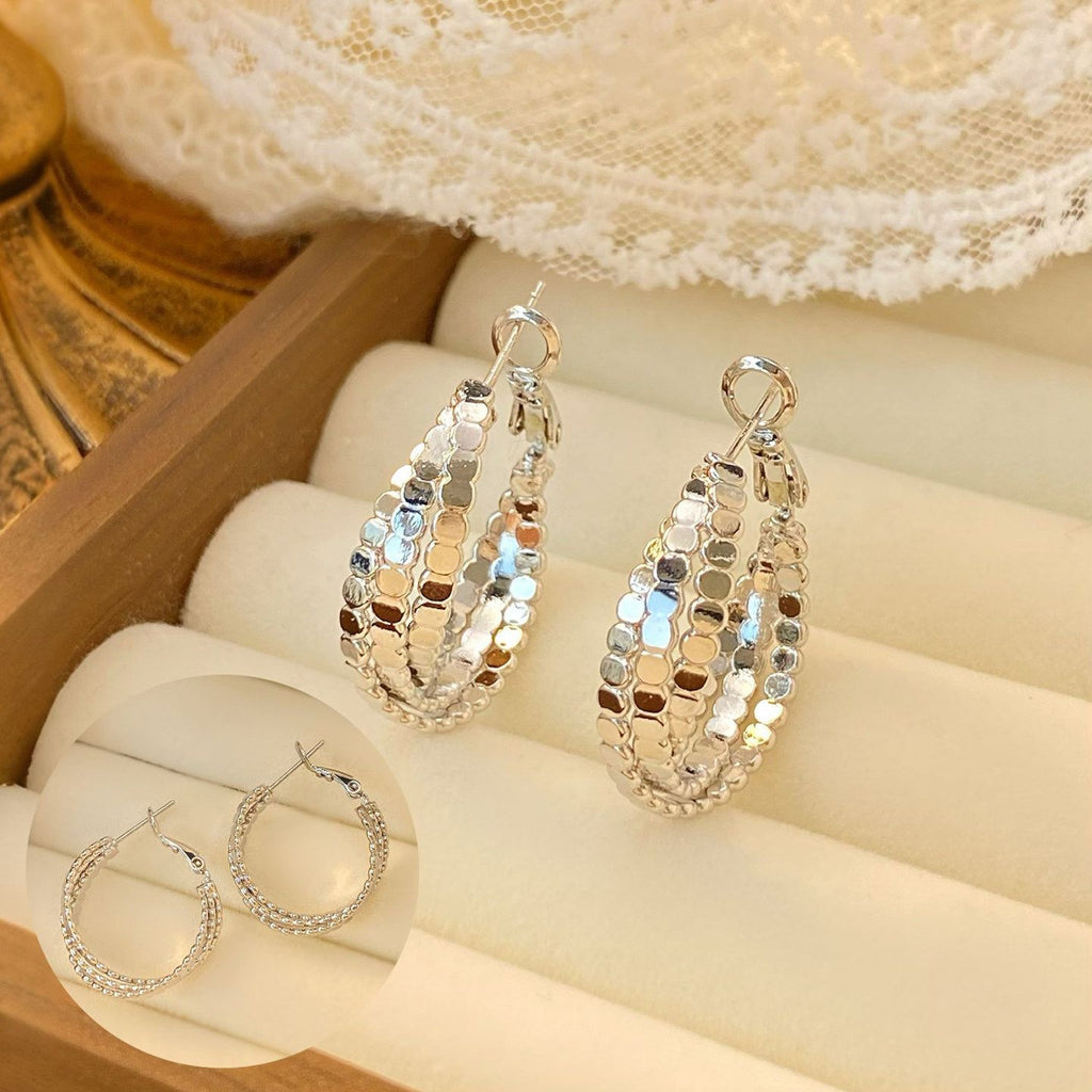 Silver Fish Scale Hoop Earrings, Niche Designer Style, Super Sparkly High-End Versatile Elegant Commute Ear Jewelry For Women