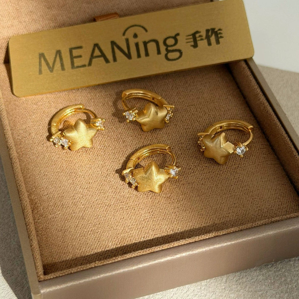French Gold Brushed Star Huggie Earrings, Minimal Exquisite Niche Unique Designer Hoops, High-End Elegant Fashion Ear Jewelry For Women