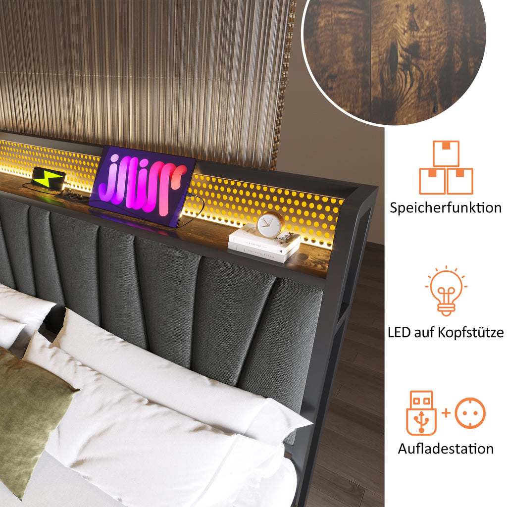 LED App-Control Double Bed With Rechargeable USB Charging Function Headboard And LED Lighting, Metal Bed 140x200cm Latticeroad Made Of Wood, Grey Without Mattress