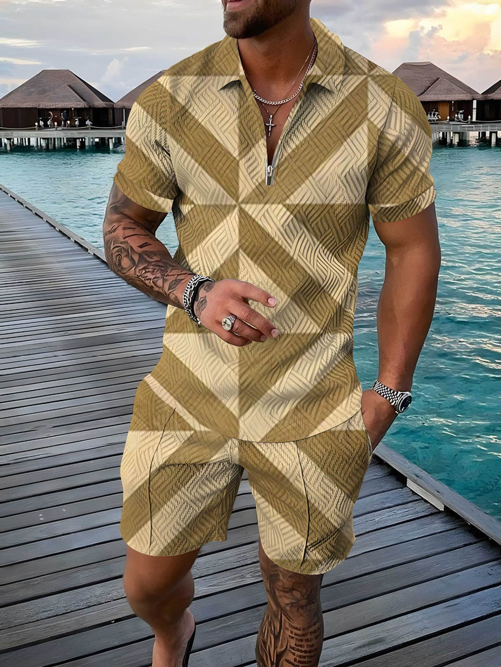 Fashion Zipper Polo Shirt Suit Men's Casual 3D Printed Polo Shirt Shorts