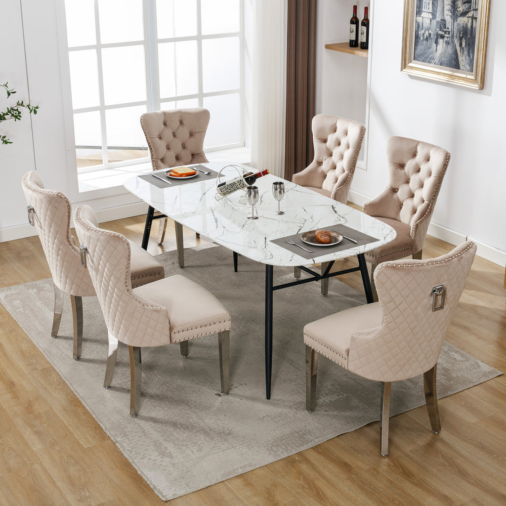 Dining Chair  Kitchen Chair Living Room Chair With Unique Doorknob On The Back, 6 Pcs , Upholstered Chair With Nail Head Set,Metal Support Legs, Velvet Cover,Beige