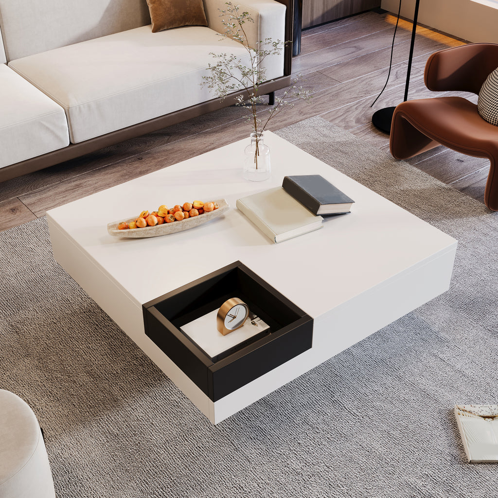 Coffee Table, High-Gloss Living Room Table, Side Table With Removable Storage Box, White And Black Color-Block Design, 72 X 72 X 30 Cm, With LED Lighting Effect